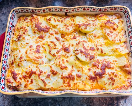 Gratin de pommes de terre doré au fromage, servi dans un plat en céramique décoratif.